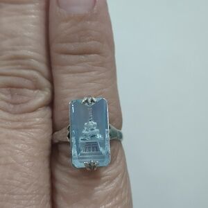 1950's Japanese Pagoda Aquamarine Stone Sterling Silver Ring